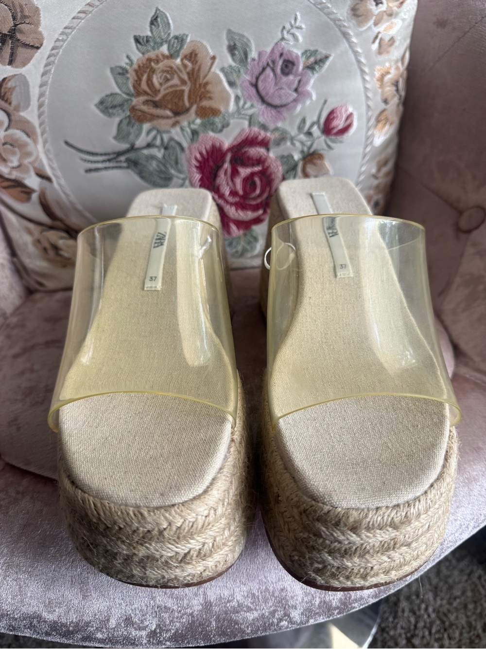Zara Clear Strap Espadrille Platform Slides in Beige and Clear